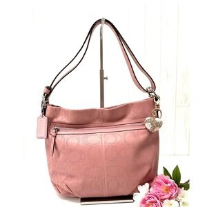 Coach Pink Leather Perforated Hobo Shoulder Bag with Heart Charm
